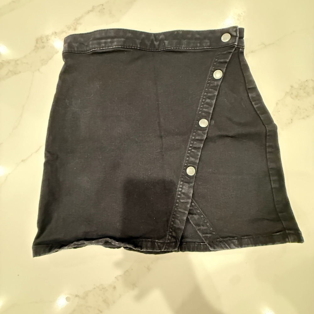 We The Free Free People Black Denim Asymmetrical Button Front Mini Skirt Size 6